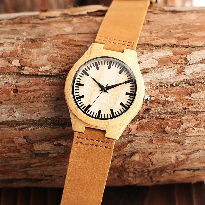 Casual Nature Wood Bamboo Genuine Leather Band Wrist Watch Sport Novel Creative Men Women Analog Relogio 3