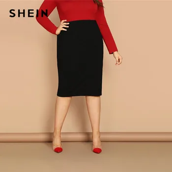 

SHEIN Black Solid Women Plus Size Elegant Pencil Skirt Spring Autumn Office Lady Workwear Stretchy Bodycon Knee-Length Skirts