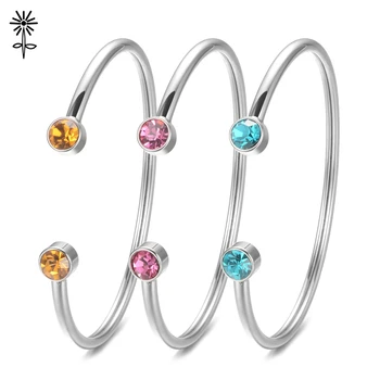 

12pcs Stainless Steel Fine bangles with 2 Birthstones Silver Plated Round Cuff Bangle for Women Gift pulseras mujer VA-957*12
