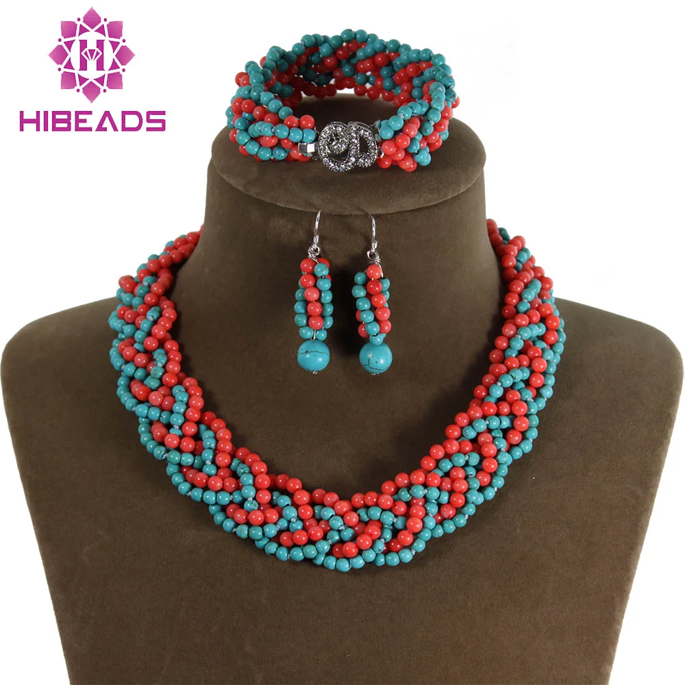 

New&Fashion!Handmade Knitted Stone&Coral Set Marvelous Native American Jewelry Set Vintage African Jewelry Set TN052