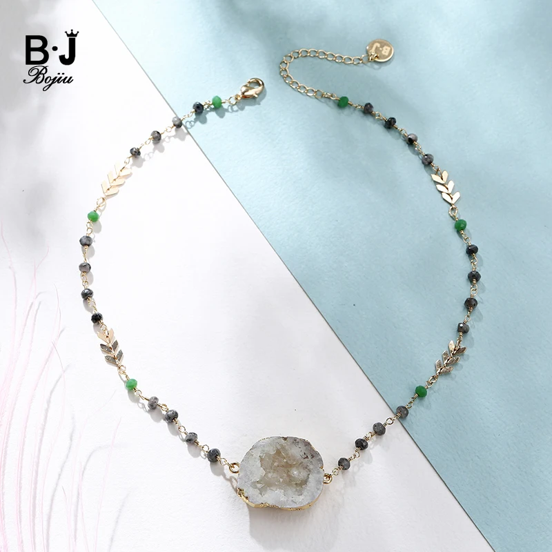 

BOJIU Women Choker Natrual Stone Handmade Chain Natrual White Druzy Stone Colar NKS147