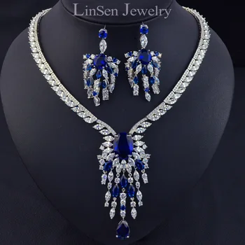 

Big famous brand luxury blue Cubic Zirconia wedding bridal jewelry set,high quality CZ stone necklace earring set