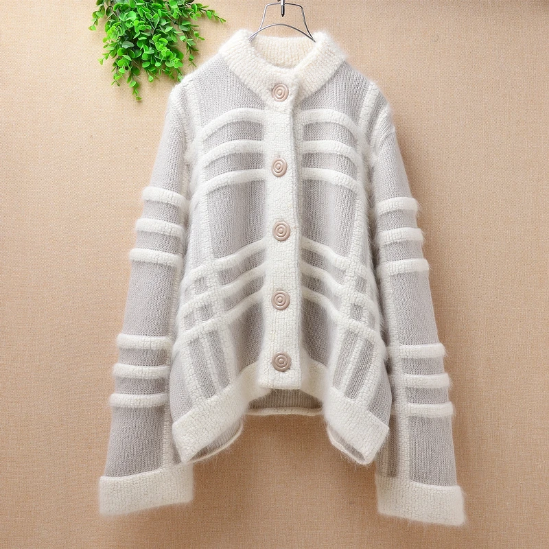 

Casual fashion lady women winter soft fluffy stripes checks angora rabbit fur cardigan loose mink knitted sweater coat mantle