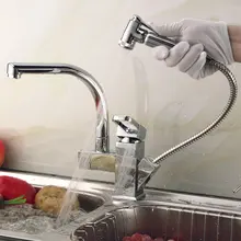 360 градусов Поворотный центральный набор современный два кухонный носик кран выдвижной полированный хром смеситель горячей и холодной воды латунный кран