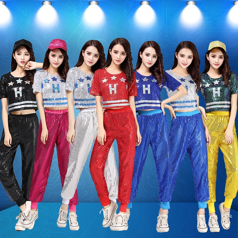 Jazz Costume Short Sleeve Shirt Top Dance Long Pant Costume Hip Hop Sequins Dress