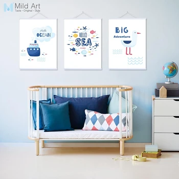 

Colorful Ocean Sea Animals Fish Seagull Wooden Framed Canvas Paintings Nordic Kids Baby Room Home Decor Wall Art Pictures Scroll