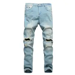 2018 Рваные джинсы для Для мужчин лоскутное выдалбливают печатных укороченные штаны Ен Человек ковбойские джинсы Hombre Для мужчин одежда 2018