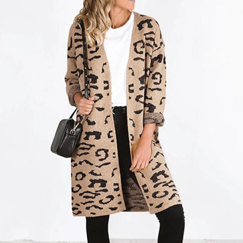 

Elegant Knitted Loose Long sleeve Leopard cardigan Women jacket Autumn Winter cardigans Sweaters Plus Size cardigan Pull Femme