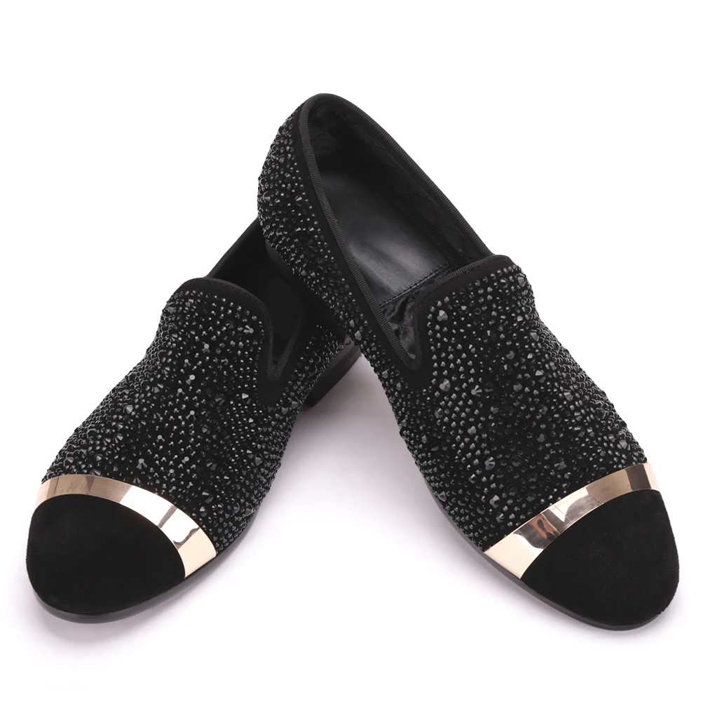 Handmade Black Diamonds Men's Suede Loafer accessorized Gold Strap with