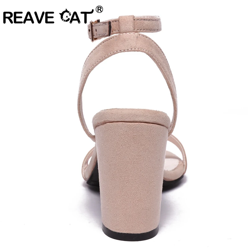 Женские босоножки из флока REAVE CAT летние на высоком толстом каблуке черные