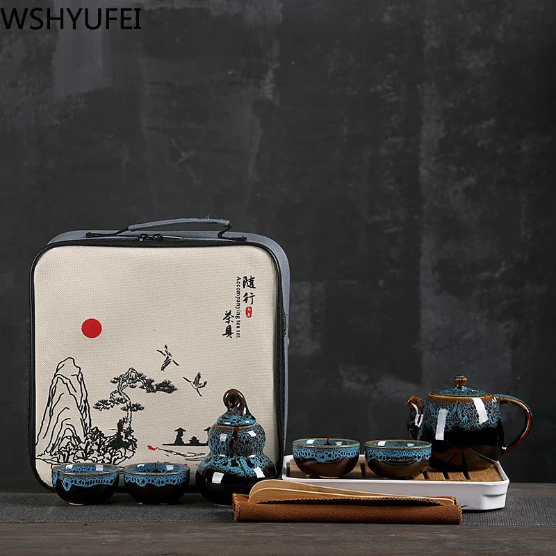  A set of creative simple portable tea tray travel tea set kiln Chinese Kung Fu tea set tea can be p