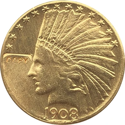 24-к позолоченный 1908-D $10 Золото индийская половина монета с изображением орла