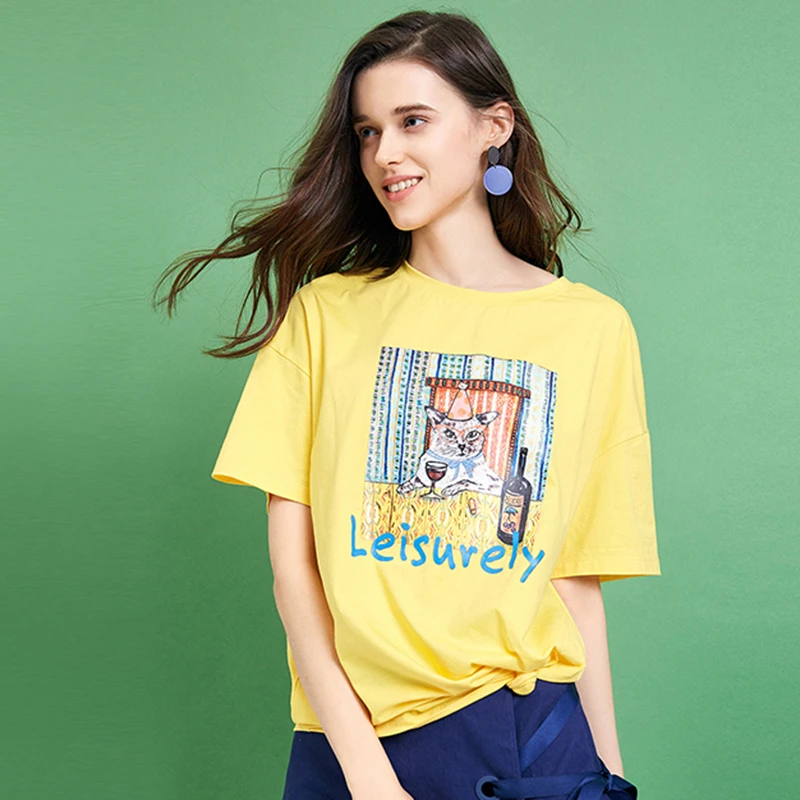 ARTKA летняя повседневная женская футболка многоцветная модная футболка с принтом свободная футболка с круглым вырезом и коротким рукавом для женщин TA11099X