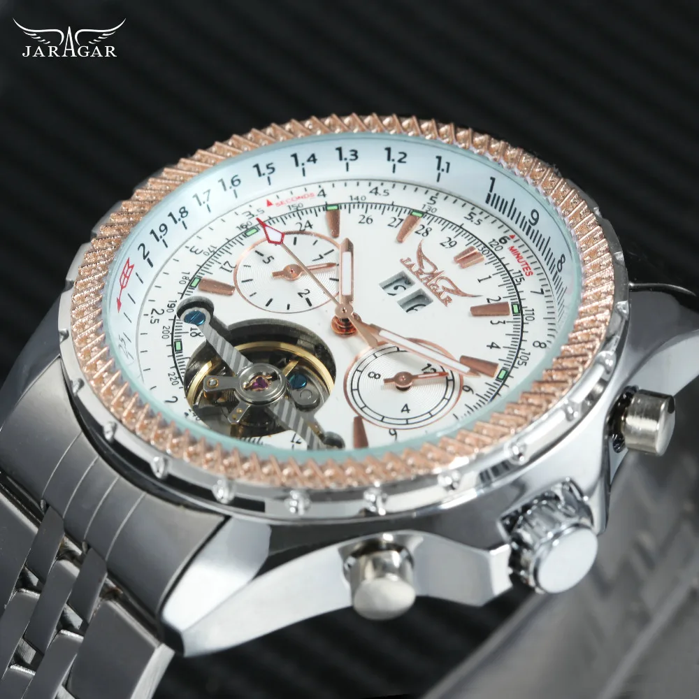 

WINNER Luxury Business Tourbillon Men Auto Self-wind Mechanical Watch Stainless Steel Band Working Sub-dials with Calendar Date