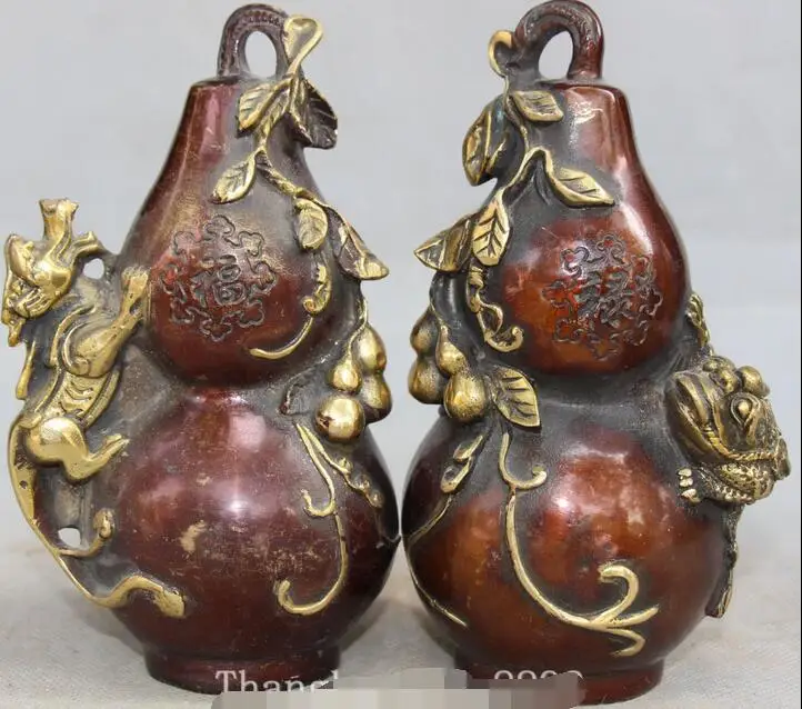 

6"Old China Bronze Gild Fengshui Pi Xiu Golden Toad bottle gourd cucurbit Statue