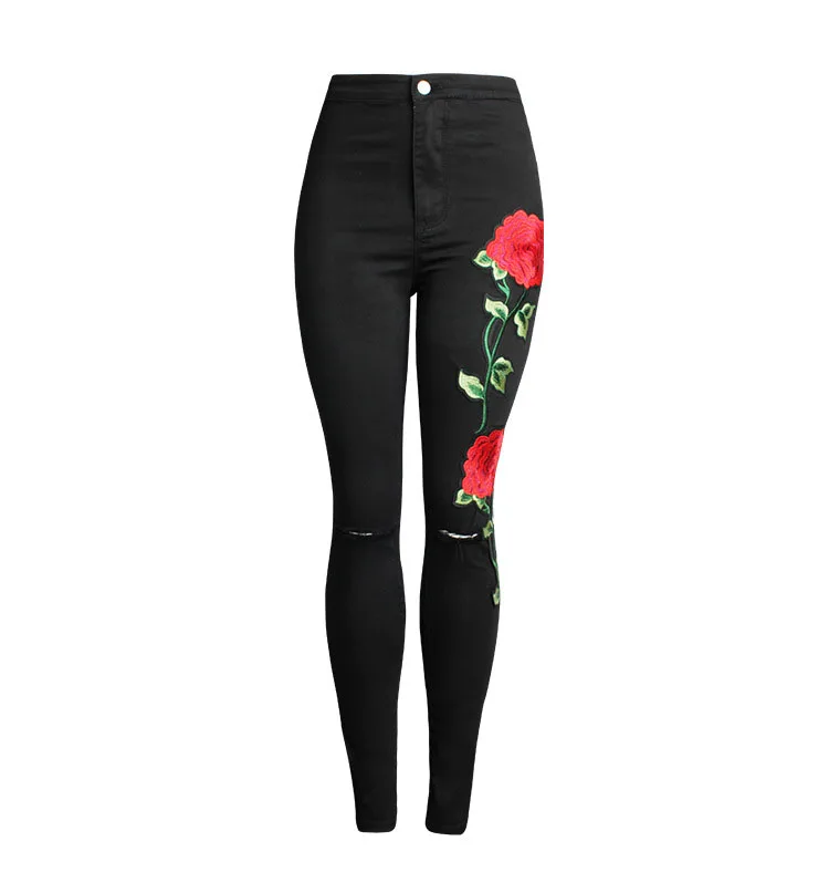 HCYO Designer Women Cloth Black Jeans 3D Floral Embroidery Slim Pencil Pants Pure Cotton Knee Hole Female Denim Jeans Trousers (5)