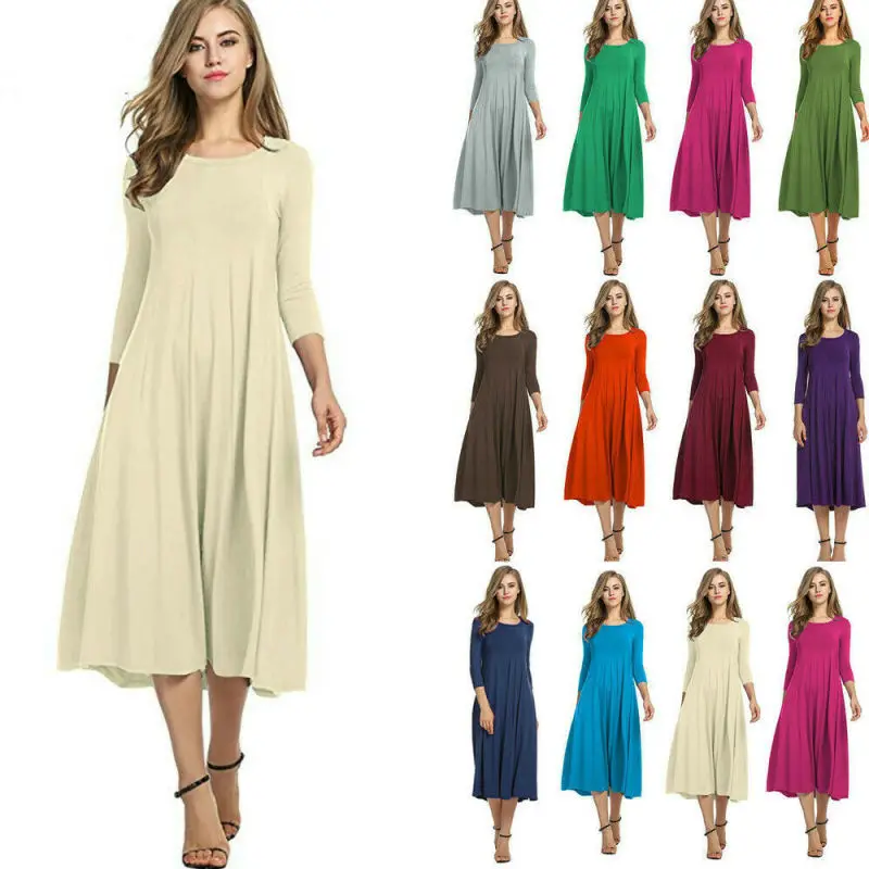 

Women Long Sleeve Shirt Long Maxi Dress Casual Flared Swing Skater Knee-length Dress