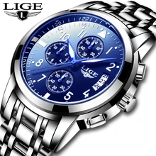 LIGE Mens Watches Top Brand Luxury Male Military Sport Luminous Watch Men Business Stainless Steel Waterproof Chronograph+Box