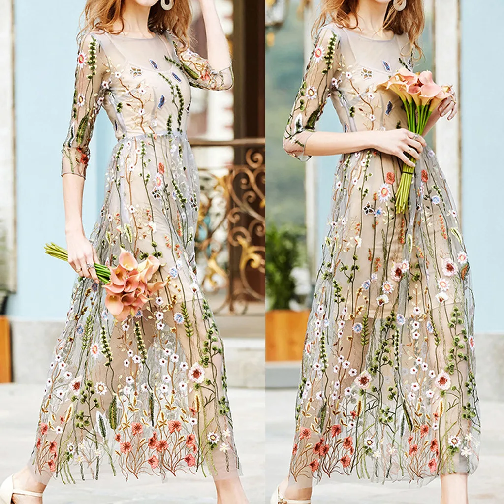 

Embroidery Party Dresses Runway Floral Bohemian Flower Embroidered 2 Pieces Vintage Boho Mesh Dresses For Women Vestido