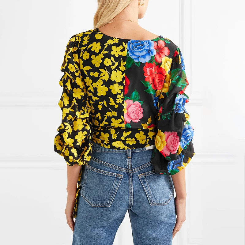 VGH Autumn Korean Womens Tops And Blouses V Neck Lantern Sleeve Bandages Bow Hem Asymmetrical Shirt Female Fashion New