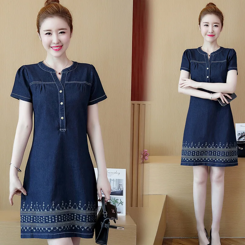 Summer New Women Denim Dress Embroidered Casual Jeans Sexy Short-Sleeve O Neck Slim A Line Denim Dress Female Plus size S-5XL
