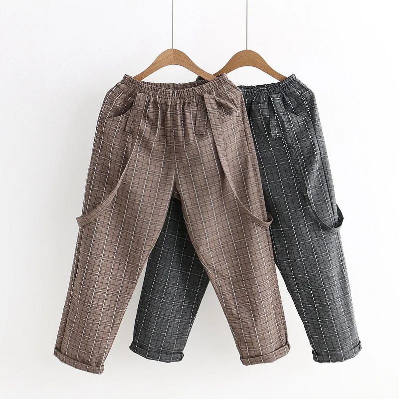

Japanese Plaid Strap Pants Women Mori Girl Vintage High Waist Button Casual Overalls 2018 Roll Up Suspender Wide Leg Trousers