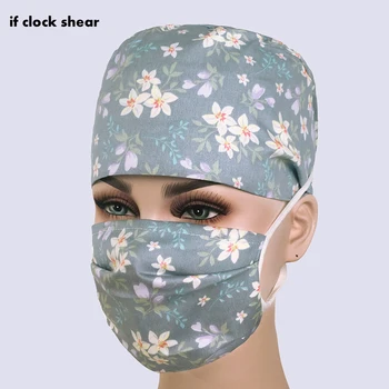 

Cotton Scrub nurse Cap for Women and men Hospital Medical Hats Print cat in Black Tieback Elastic Section Surgical medical wrap