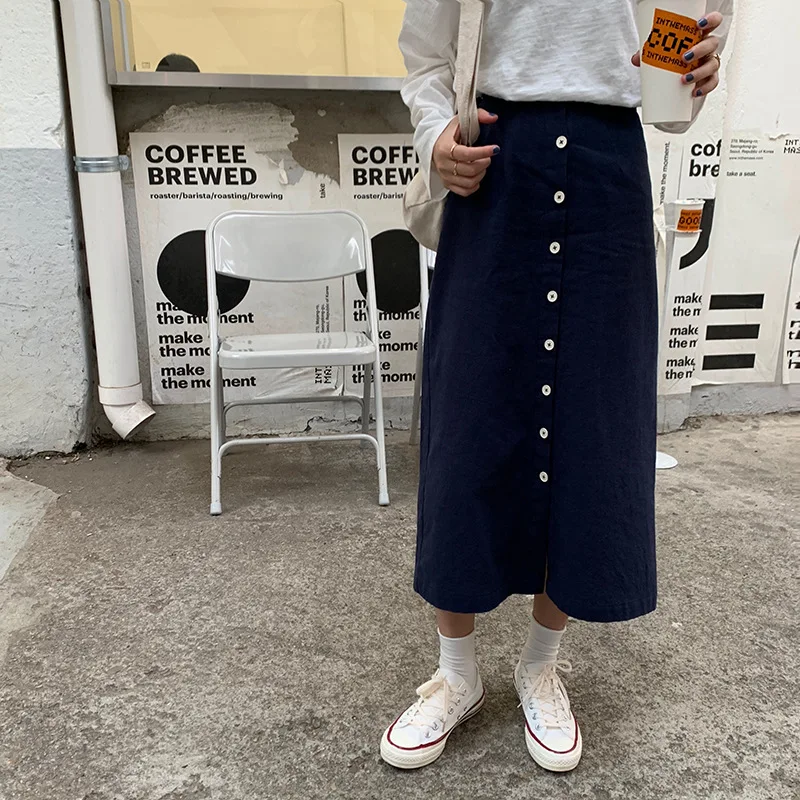 

Long Skirts for Women Cotton 2019 Autumn Fall Ankle-Length Button A-Line Solid Casual High Waist Skirt Korean Fashion Clothing