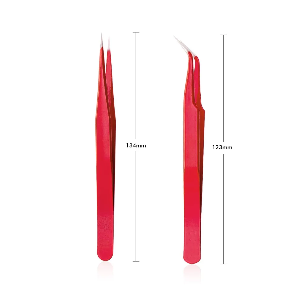 Профессиональный пинцет для ресниц Набор 2 шт. из нержавеющей стали антистатические прямые и изогнутые пинцеты Супер жесткий инструмент для наращивания ресниц - Цвет: Red