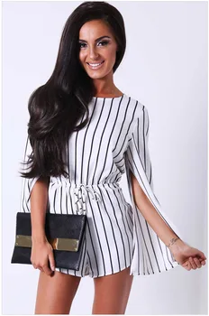 

2018 Women Elegant O-Neck White Black Striped Rompers Sexy Long Sleeve Playsuits Formal Office Lady Split Work Jumpsuit
