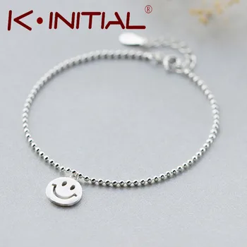 Kinitial 1Pcs 925 Silver Smile Emoji Smile Round & Lucky Beads Chain Bracelet Bangle Adjustable Charm Wrist Cuff Brcelet Jewelry