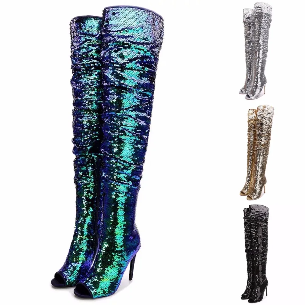 Plus Size Shoes Woman Sexy Thigh High Boots Bling Sequined Woman Party Nightclub Boots Designer Woman Peep Toe High Heels Boots