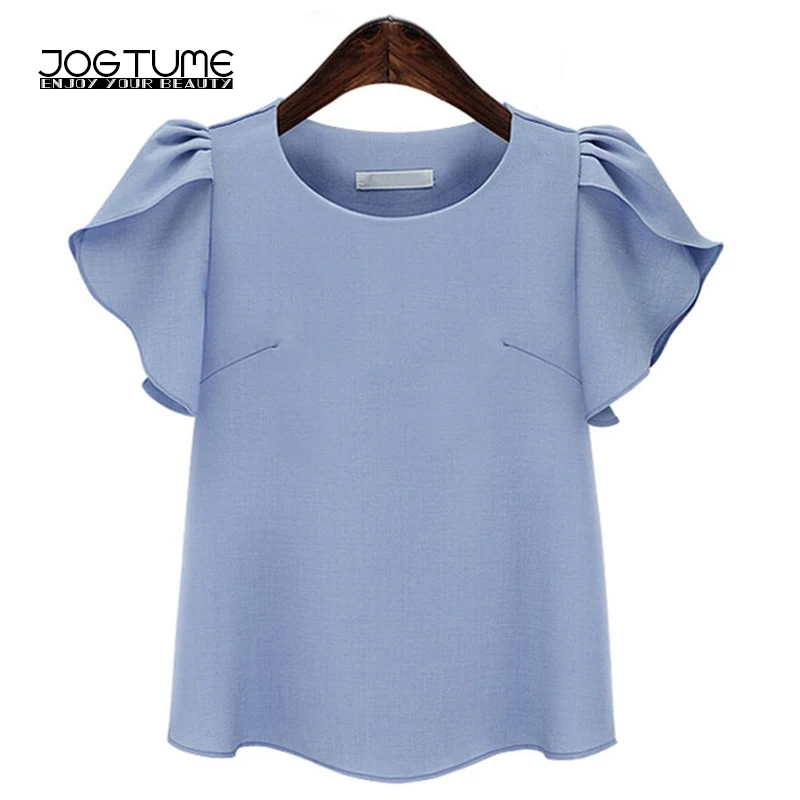 Amoyblue Sky Blue Chiffon Blouse Shirts 2017 Summer Womens Fashion Shirts Lotus Leaf Sleeve Linen Ladies Elegant Slim Blouse 5XL Blouses