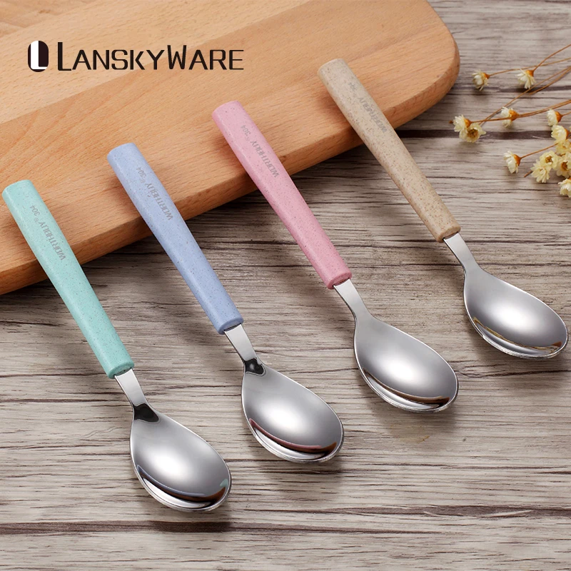 

LANSKYWARE 4 Pcs/Set 304 Stainless Steel Dinner Spoon Set Wheat Straw Long Handle Table Dessert Spoon Kitchen Serving Soup Scoop