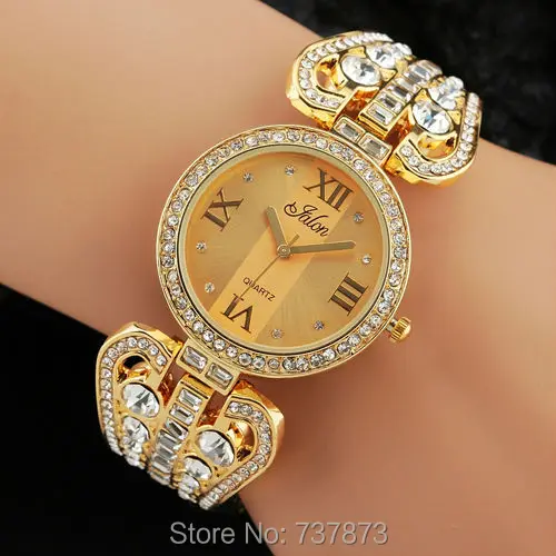 New arrival 2014 womens Rhinestone watches Luxury Gold charm bracelet Bangles with flowers Diamond Crystal Jewelry watch Ladies | Наручные