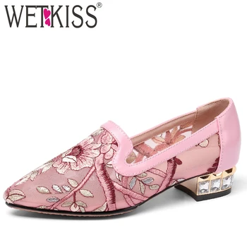 

WETKISS Mesh Appliques Pumps Women Pointed Toe Footwear Casual Tthnic Shoes Female Crystal Heels Thick Shoes Woman Summer 2019