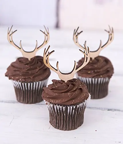 

24pcs/lot Cupcake Toppers Wooden Antlers Hunting or Boho Style Rustic Wood Deer Cake Toppers Country Birthday Theme Western