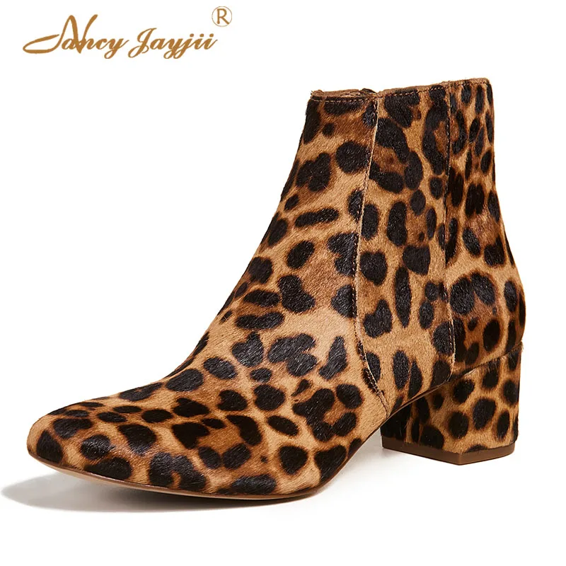 

2018 Winter Ankle Boots Leopard Print Lady Shoe Dress Party Mature Zipper Square Chunky Heels Fur Famous Brand Plus Size 39 43