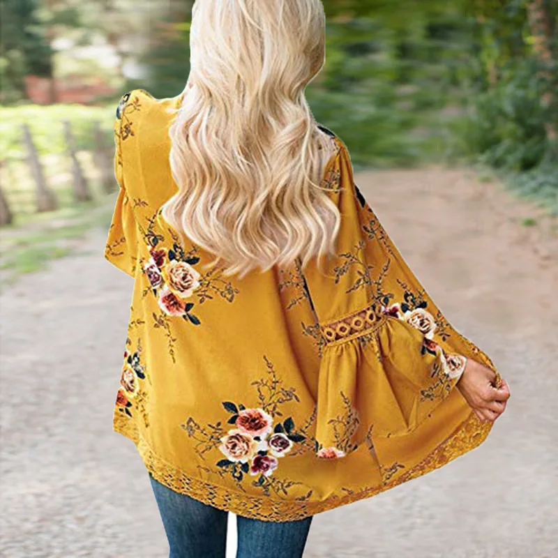 Flare Sleeve Jackets For Women Spring Autumn Print Baggy Jackets Cardigan Lace Female Clothing Suit Work Office Coat Outerwear