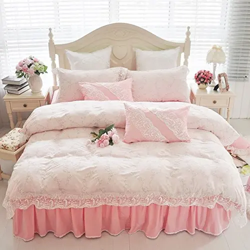 Luxurious Sweet Vintage Floral Girls Bedding Set Korean Ruffle And Lace Bedding Sets Lace Bed Skirt Twin Queen