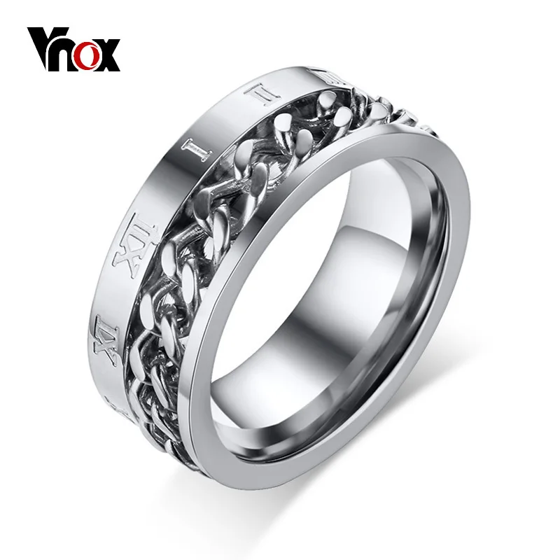 Vnox Stylish Rotatable Curb Chain Ring for Men 8mm Stainless Steel Roman Numeral Band Male Punk Jewelry Anel Fraternal Rings