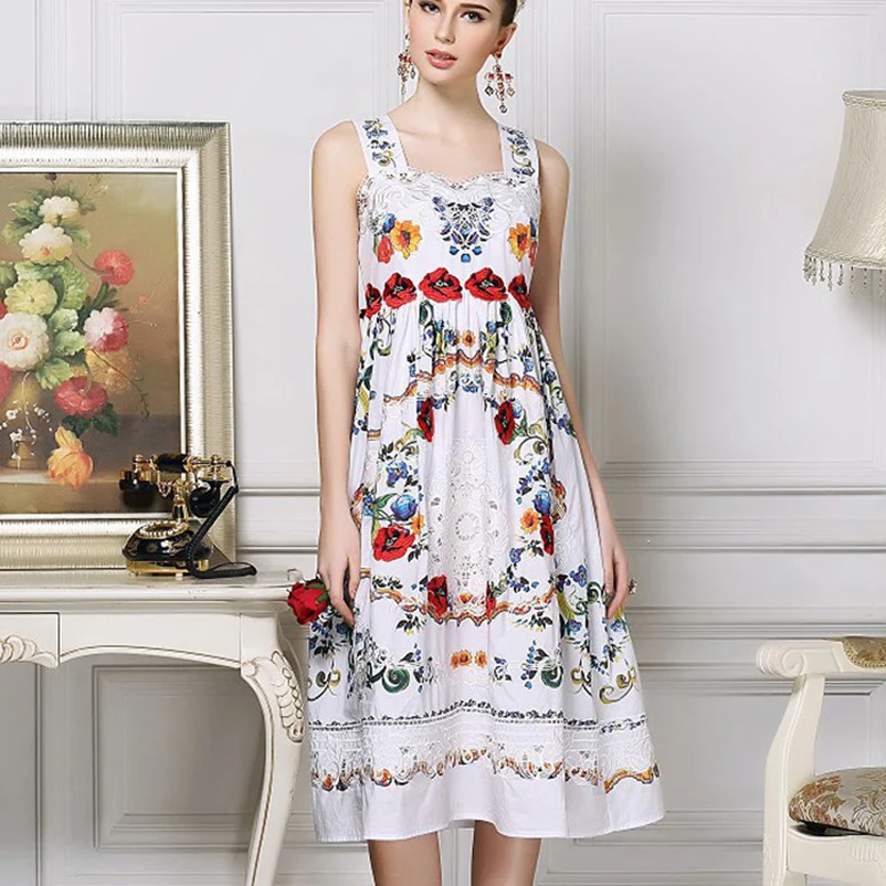 

High Quality New Fashion 2016 Runway Summer Dress Women's Hollow out Floral Print Casual White Knee-length Dress