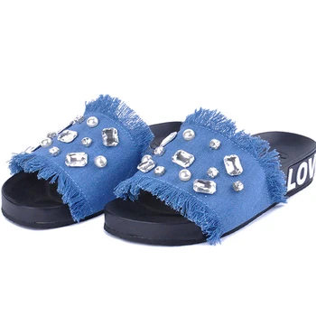 

2018 Summer New Design Fashion Demin Crystal Glitter Shining Slippers Outdoor Beach Handmade Anti Skied Women Sandals Shoes