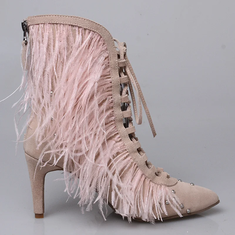 Damas Apricot Piel Perfetto Decoración Del Alto Tacón De Botas rojo Pie Tobillo Las Prova Mujeres Flecos Dedo En aFqd1F6