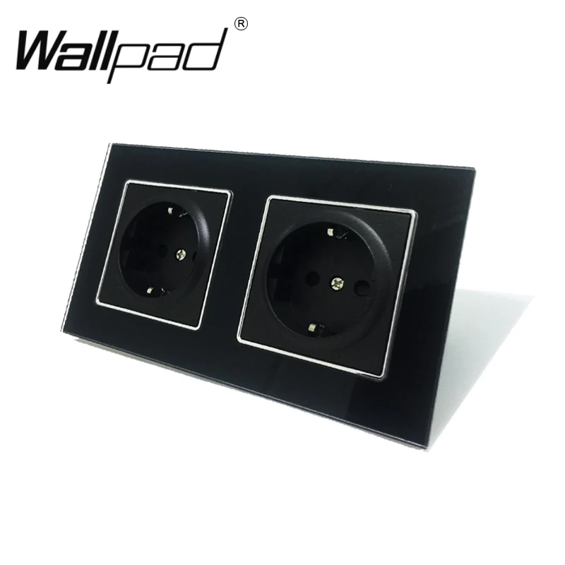 

New Arrival CE Wallpad Luxury Black Crystal Glass EU European Standard 156*86mm Double 16A Plug EU German Wall Socket with Claws