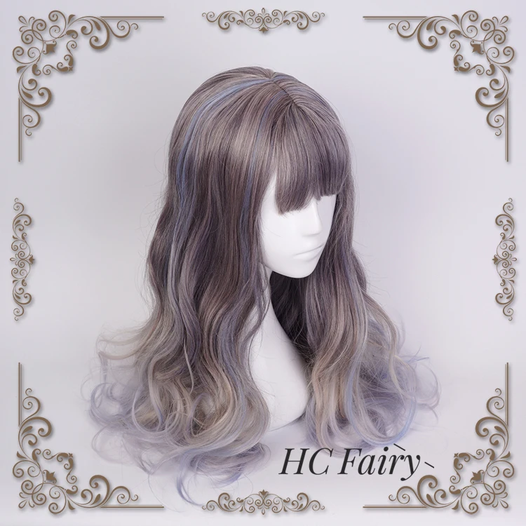 

Lolita Sweet Daily Wig Mixed Gray Girl Long Curly Wavy Body Wave Cosplay Baby Doll Princess Crystal Synthetic Hair Adult Women