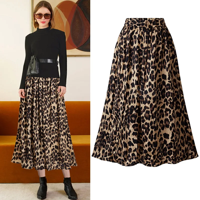 

2019 Women Elastic Waist Plus Size A-line Skirts Long Loose Leopard Print Skirts Large Size Skirts