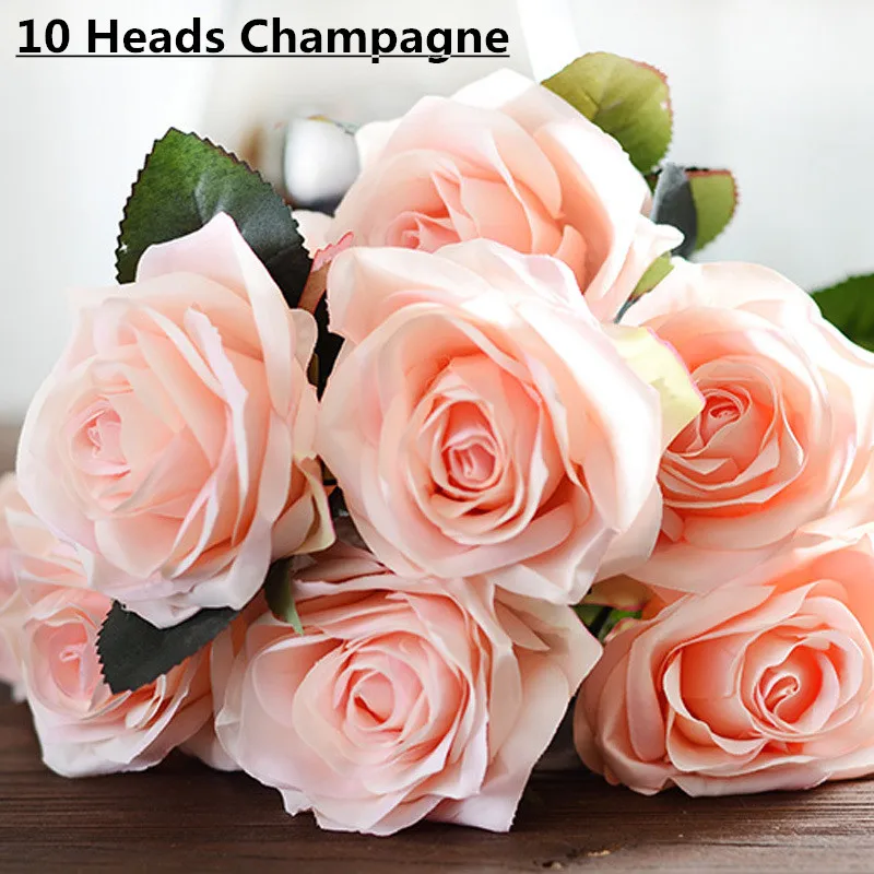 10 heads champagne Дешевые 7/9/10 глав один пучок искусственный букет роз Шелковый декоративный цветок Свадебная вечеринка Рождественский Декор цветок материалы искусственные цветы тычинки цветов декор дома - Цвет: 10 heads champagne