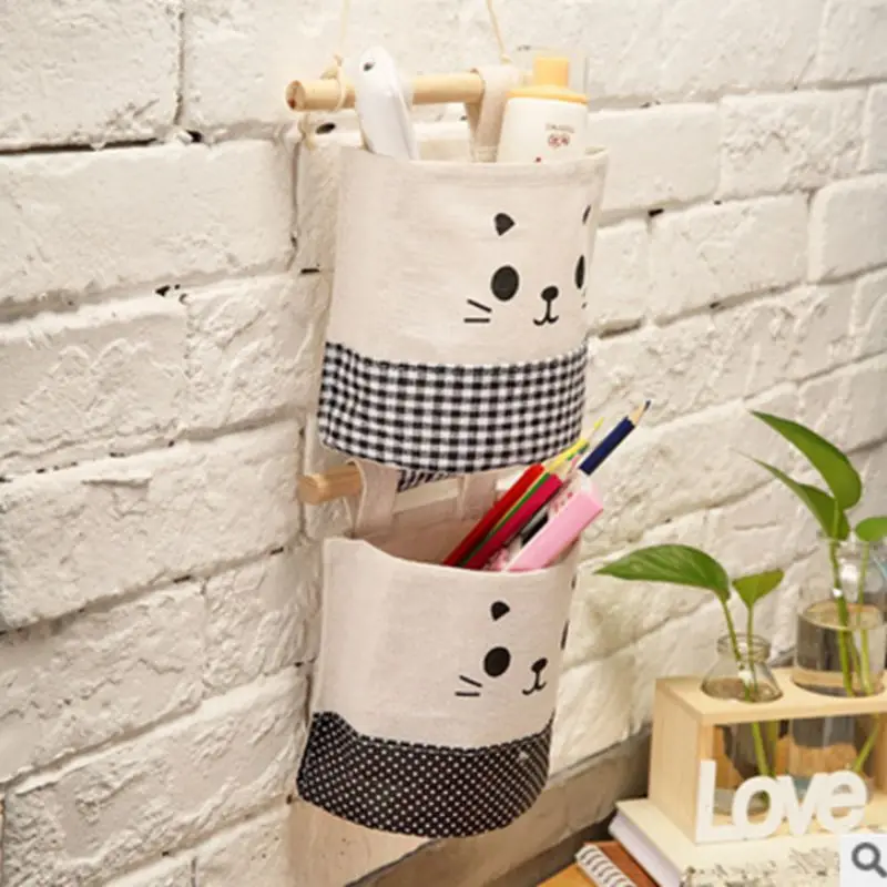 

Home Kitchen Door Wall Hanging Organizer Pocket Bag Linen Cotton Sundries Storage Holder Colorful Cartoon Animal Decor S16