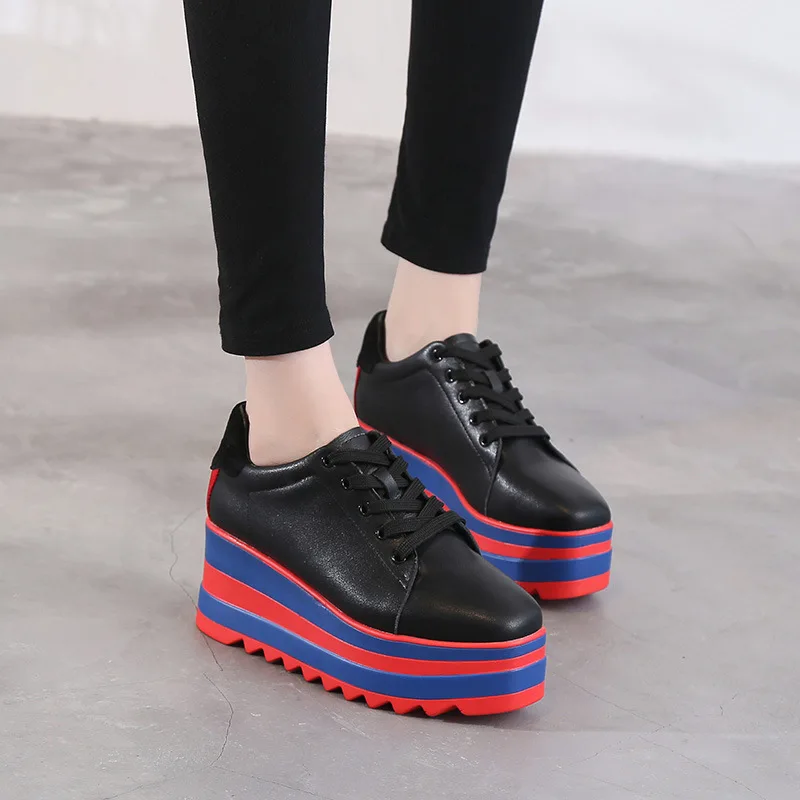

2018 Europe and the United States spring and autumn new thick platform color matching loose shoes fashion casual wild lace leath